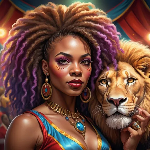 Prompt: African American woman with natural hair, ring Master, lion tammer, circus setting, detailed natural hair, circus theme, vibrant and colorful, detailed facial features, intense lighting, realistic style, bold and vibrant colors, high quality, digital painting, lively and energetic atmosphere, circus, detailed eyes, detailed hair, realistic, professional, vibrant tones, energetic lighting
