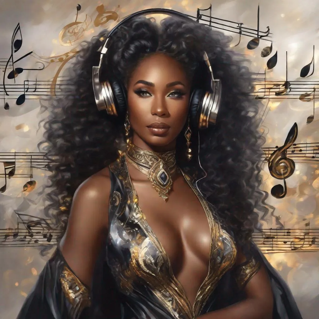 Prompt: Fantasy black woman that is music themed. (Equine quadruped). Music notes forming the womans body. Elegant features. Beautiful. Magical atmosphere. Photorealistic. Highly detailed painting. 64k.