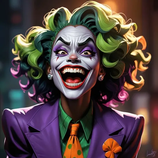 Prompt: Laughing hysterically, Detailed black female joker, vibrant and bold colors, expressive facial features, high-quality digital painting, comic book style, bold and contrasting colors, dramatic lighting, detailed costume with modern twist, professional art style, intense expression, theatrical makeup, vibrant, bold, high-contrast, digital painting, comic book, dramatic lighting, detailed costume, intense expression, professional, modern twist, laughing hysterically 