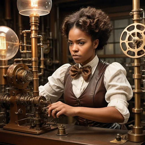 Prompt: African American woman conducting a steampunk experiment, intricate brass and leather machinery, vintage laboratory setting, detailed facial features with determined expression, high quality, steampunk, vintage, detailed machinery, determined expression, professional lighting