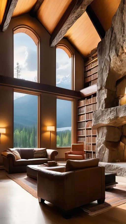 Prompt: (expansive high ceiling rock cave), serene lake reflecting soft light, (library books integrated into rock walls), earthy tones mixed with warm orange and soft yellow hues, bookshelves, beams of natural light spilling in, tranquil ambiance, ultra-detailed, atmospheric depth, books, captivating scene blending nature and comfort.