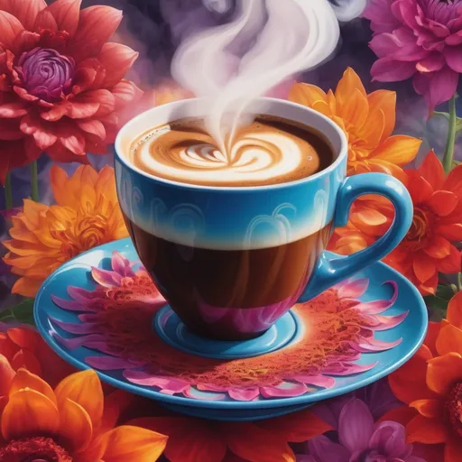 Prompt: Hot coffee emerging from center of vibrant flower, garden setting, steam rising, detailed coffee swirls, high quality, surreal, vibrant colors, detailed petals, warm and inviting atmosphere, floral coffee art, floral, garden, detailed steam, vibrant, surreal, high quality, warm lighting