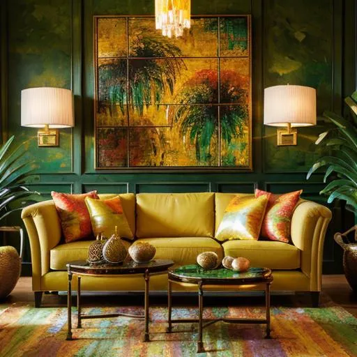 Prompt: Vibrant living room oil painting, thick impasto, interior design, living room, tropical furniture, Hawaiian flowers, luxurious, tropical theme, rich textures, vivid colors, high quality, impasto, interior decor, vibrant, warm lighting, detailed brushwork, luxurious furniture, cozy atmosphere, inviting ambiance