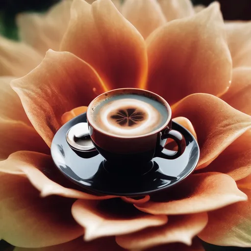 Prompt: Pool of hot coffee emerging from the center of a flower, dreamlike, high quality, ethereal atmosphere, dreamy lighting, steam rising, pool of hot coffee, surreal, digital art, dreamy, high quality, ethereal, steam, coffee disk florets, flower center, center of flower is a pool of coffee, disk florets are a pool of coffee, garden setting, garden background