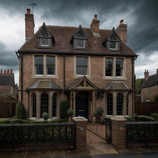 Prompt: The Dursley house in Harry Potter, detailed brickwork, suburban setting, gloomy atmosphere, overcast sky, British architecture, highres, detailed, realistic, Harry Potter, suburban, gloomy, overcast, detailed brickwork, British architecture, atmospheric lighting