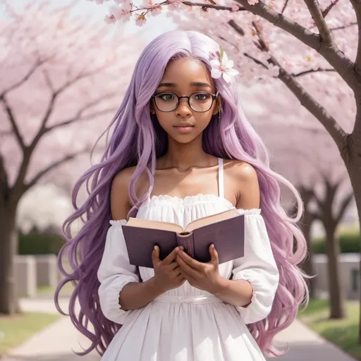 Prompt: A shy African American anime girl with long purple hair and glasses, wearing a white dress and holding a book - soft pastel colors and cherry blossom petals in the background.