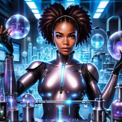 Prompt: African American woman conducting a futuristic experiment, modern metallic lab equipment, high-tech laboratory environment, holographic projections, advanced technology, not looking at camera, looking at the experiment, futuristic lighting, best quality, highres, ultra-detailed, futuristic, advanced tech, holographic projections, modern laboratory, focused work, metallic equipment, African American woman, professional, atmospheric lighting