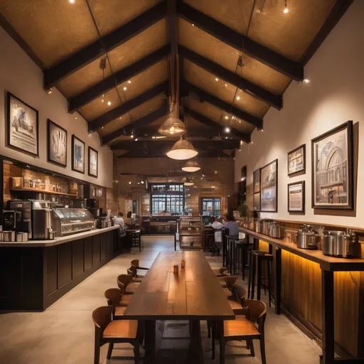Prompt: Brew Haven, visitors were greeted by an awe-inspiring sight. The interior soared upward, the space seemingly boundless, with a cathedral-like ceiling that showcased exposed wooden beams, a nod to the building's industrial past. Soft ambient lighting, reminiscent of golden hour, cast a warm glow over the space, infusing it with an ethereal radiance. The walls, adorned with local artwork and framed vintage coffee posters, exuded a sense of cultured charm, inviting patrons to explore and discover