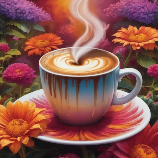 Prompt: Hot coffee emerging from center of vibrant flower, garden setting, steam rising, detailed coffee swirls, high quality, surreal, vibrant colors, detailed petals, warm and inviting atmosphere, floral coffee art, floral, garden, detailed steam, vibrant, surreal, high quality, warm lighting