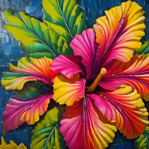 Prompt: Vibrant Hawaiian Hibiscus in thick oil impasto, tropical living room, high texture, vivid colors, impasto painting, lush foliage, traditional style, warm tones, natural lighting
