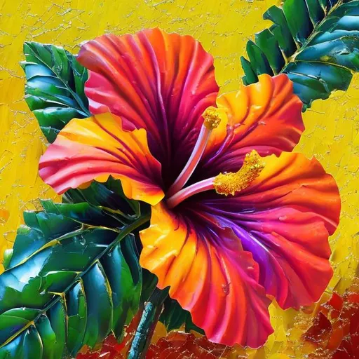 Prompt: Vibrant Hawaiian Hibiscus in thick oil impasto, tropical living room, high texture, vivid colors, impasto painting, lush foliage, traditional style, warm tones, natural lighting