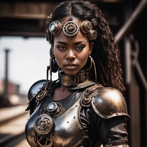 Prompt: Black female warrior, steam punk, detailed steampunk armor with intricate gears and cogs, fierce expression, mechanical enhancements, high contrast lighting, industrial background, confident stance, metal and leather materials, gritty and atmospheric, high quality, steampunk, detailed armor, intense gaze, industrial, confident, fierce, mechanical enhancements, high contrast lighting, warrior, black female