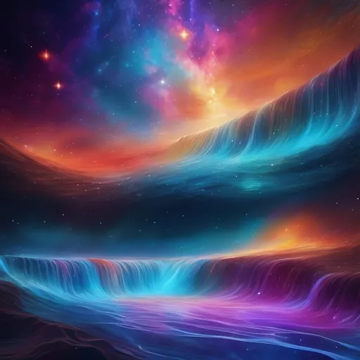 Prompt: Star-filled galaxy with flowing water, digital painting, cosmic waves, vibrant and surreal, high quality, detailed stars, flowing water, mesmerizing colors, surreal, cosmic, digital art, vibrant tones, ethereal lighting