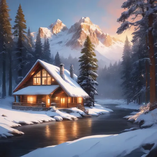Prompt: Snowy landscape with majestic mountains, large cozy cabin, snow-covered pine trees, river, warm fireplace glow, high quality, realistic, digital painting, soft lighting, detailed snow textures, serene atmosphere, peaceful, winter wonder, majestic peaks, modern design, water feature, mountains, cabin, snowy pine trees, river, cozy, fireplace, realistic, digital painting, serene, winter wonder, high quality, soft lighting, detailed textures, peaceful, modern design, water feature