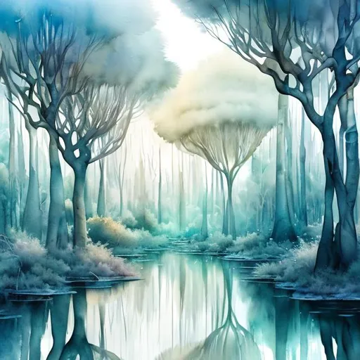 Prompt: Forest of water trees, surreal, crystal clear branches, reflective surfaces, high quality, watercolor painting, ethereal atmosphere, magical, serene, cool tones, soft lighting, mystical, detailed ripples, dreamlike, tranquil setting