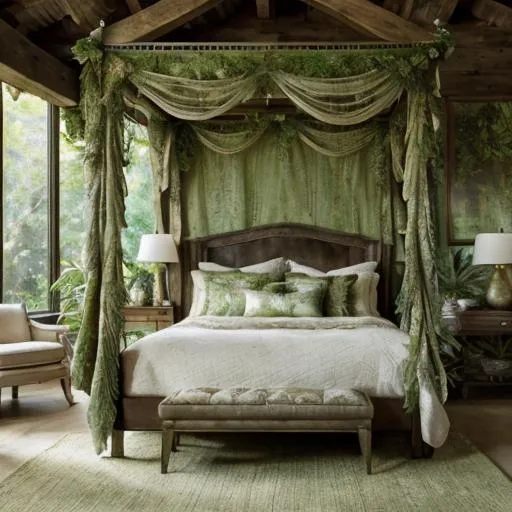 Prompt: Spacious bedroom, sun-dappled canopy, high detail, realistic painting, naturalistic style, warm and soft lighting, modern furniture, vibrant green tones, rich flora, detailed textures, high-quality painting, natural lighting, luxury, high detail, realistic, naturalistic, warm lighting, soft lighting, vibrant green, rich flora, detailed textures, spacious, sun-dappled canopy, contemporary furniture