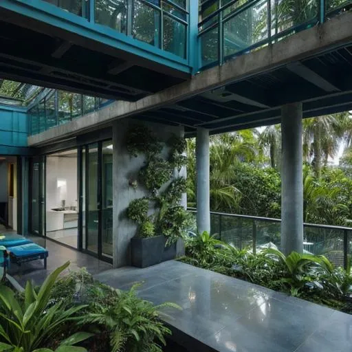 Prompt: Architectural anthology in cool blue and green tones, modern structures, lush greenery intertwined with modern designs, detailed and intricate patterns, high quality, digital rendering, cool tones, contemporary, detailed architecture, lush greenery, professional, atmospheric lighting