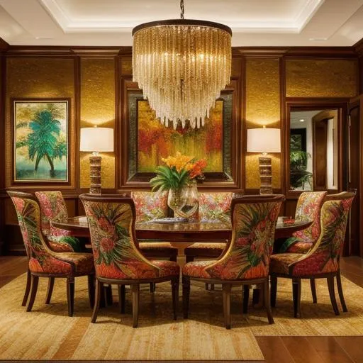 Prompt: Vibrant oil painting of a luxurious dining room, thick impasto, Hawaiian flowers, rich textures, high quality, interior decor, vivid colors, warm lighting, tropical theme, contemporary, detailed, warm and cozy atmosphere, interior design, modern furniture, professional, tropical, rich textures, luxurious, vibrant colors, high quality, warm lighting, detailed, contemporary