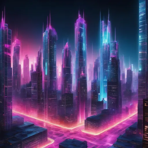 Prompt: Architectural rendering of a city made of light, neon futuristic cityscape, glowing skyscrapers, ethereal and surreal, high-tech digital art, vibrant neon colors, shining pathways, intricate architectural details, light beams piercing through buildings, digital art, 3D rendering, best quality, highres, ultra-detailed, futuristic, neon, surreal, vibrant colors, glowing, architectural details, digital art, ethereal lighting