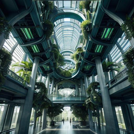 Prompt: Architectural anthology in cool blue and green tones, futuristic structures, lush greenery intertwined with modern designs, detailed and intricate patterns, high quality, digital rendering, cool tones, futuristic, detailed architecture, lush greenery, professional, atmospheric lighting