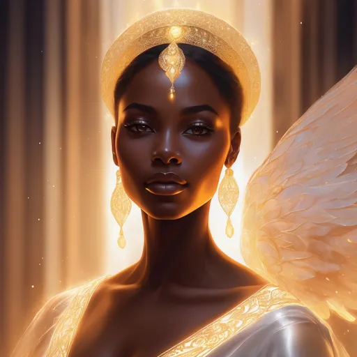 Prompt: Detailed digital illustration of a radiant Black woman, glowing with heavenly light, striking features, ethereal aura, elegant and regal posture, celestial essence, angelic presence, highres, ultra-detailed, digital painting, ethereal, radiant, heavenly glow, regal, celestial, elegant posture, striking features