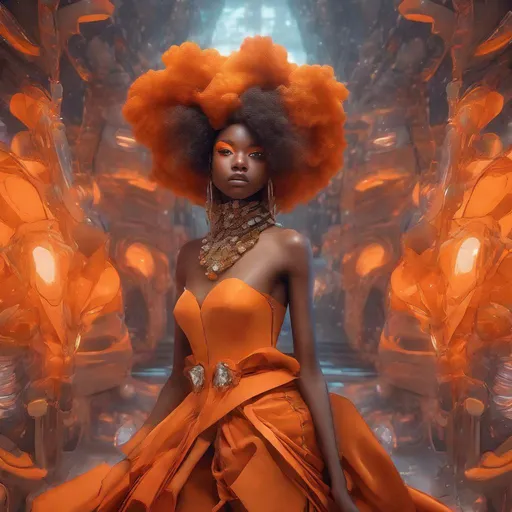 Prompt: African American girl in eco-friendly haute couture outfit, anime style, surrealism, Akira style, fine jewelry, ethereal environment, orange tones, high-quality, detailed design, surreal, eco-friendly, haute couture, anime style, Akira, fine jewelry, surrealism, detailed eyes, ethereal atmosphere, vibrant orange, professional, atmospheric lighting