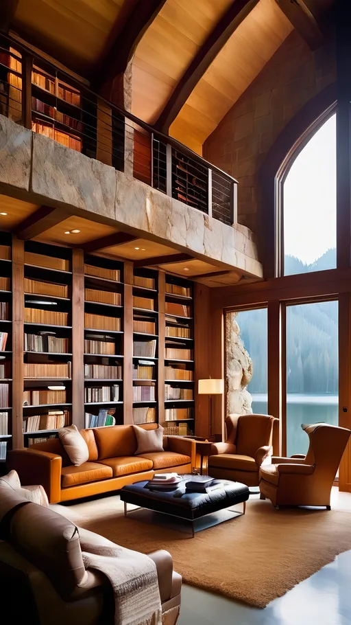 Prompt: (expansive high ceiling rock cave), serene lake reflecting soft light, (library books integrated into rock walls), earthy tones mixed with warm orange and soft yellow hues, bookshelves, beams of natural light spilling in, tranquil ambiance, ultra-detailed, atmospheric depth, books, captivating scene blending nature and comfort.