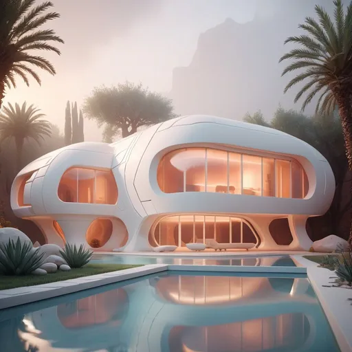 Prompt: Highly detailed cinematic 3D render of a futuristic architectural villa, glossy white geometric clay structure, artificial lighting, terra-cotta prairie landscaping, illuminated swimming pool, exotic daylight, foggy atmosphere, futuristic, 3D printed, clay material, architectural villa, glossy white, geometric design, cinematic, highly detailed, artificial lighting, terra-cotta landscaping, illuminated pool, exotic atmosphere, futuristic vibe