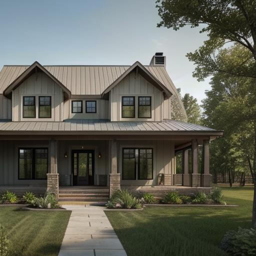 Prompt: Two-story modern farmhouse, photorealism, detailed architecture, natural lighting, high quality, photorealistic, modern design, farmhouse exterior, subtle and warm color tones, spacious front porch, lush green landscaping, intricate woodwork, large windows, pristine condition, rural environment