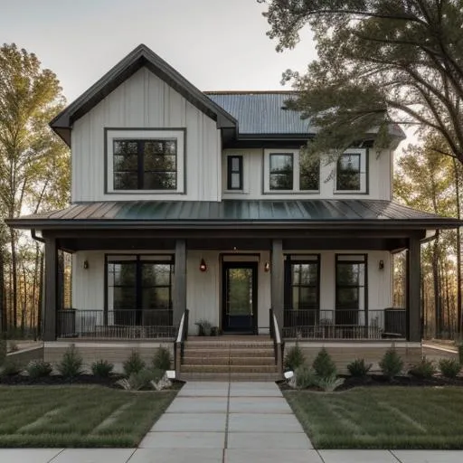 Prompt: Two-story modern farmhouse, photorealism, detailed architecture, natural lighting, high quality, photorealistic, modern design, farmhouse exterior, subtle and warm color tones, spacious front porch, lush green landscaping, intricate woodwork, large windows, pristine condition, rural environment