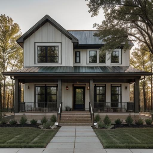 Prompt: Two-story modern farmhouse, photorealism, detailed architecture, natural lighting, high quality, photorealistic, modern design, farmhouse exterior, subtle and warm color tones, spacious front porch, lush green landscaping, intricate woodwork, large windows, pristine condition, rural environment