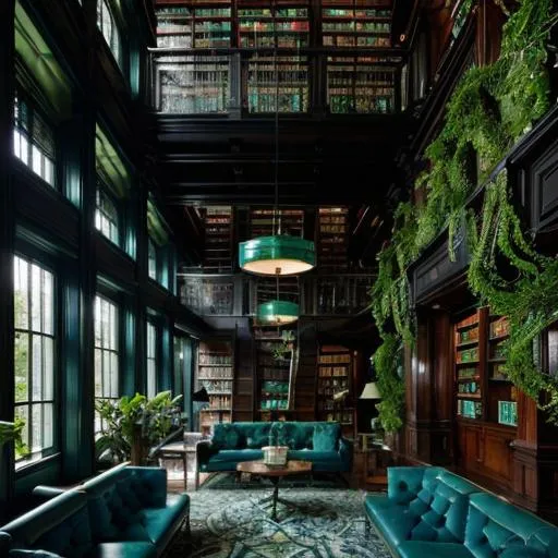 Prompt: Architectural anthology in cool blue and green tones, library interior, lush greenery intertwined with modern designs, detailed and intricate patterns, high quality, digital rendering, cool tones, contemporary, interior design, lush greenery, professional, atmospheric lighting