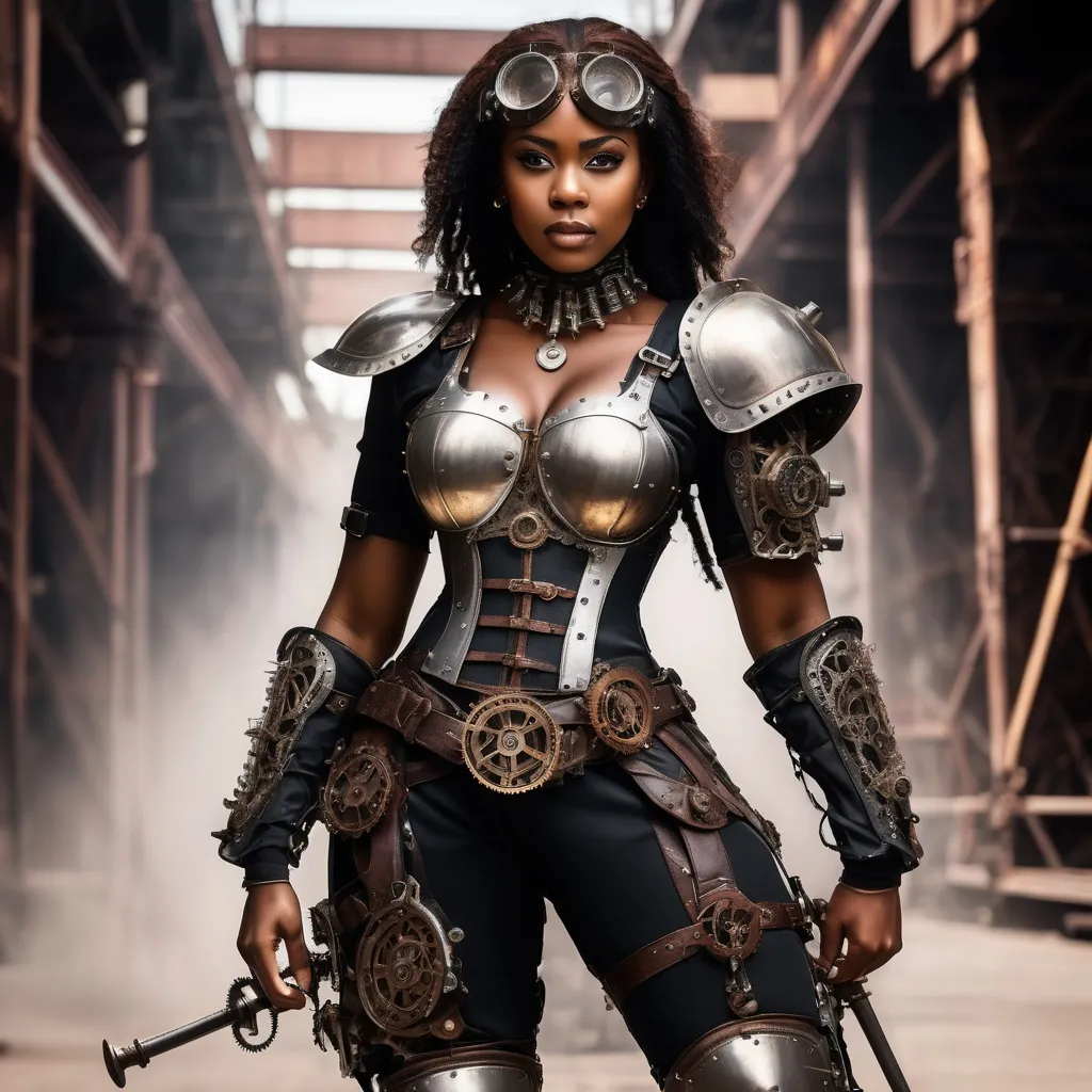 Black female warrior, steam punk, detailed steampunk