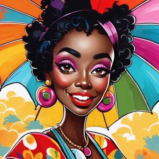 Prompt: Comically exaggerated portrait of a black Betty boop, caricature style, playful exaggeration, humorous features, oversized hat and umbrella, cartoonish facial expressions, vibrant and exaggerated colors, whimsical and quirky details, high-quality, caricature, humor, vibrant colors, oversized accessories, playful, comical, exaggerated, caricature style, detailed facial features