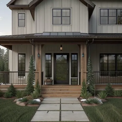 Prompt: Two-story modern farmhouse, photorealism, detailed architecture, natural lighting, high quality, photorealistic, modern design, farmhouse exterior, subtle and warm color tones, spacious front porch, lush green landscaping, intricate woodwork, large windows, pristine condition, rural environment