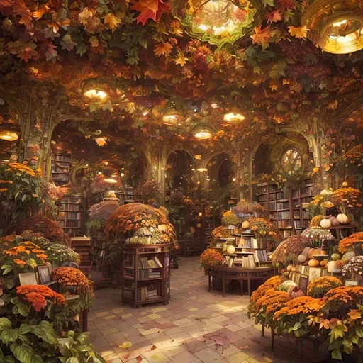 Prompt: (fall color flowers), (surreal art), (high-res), (vibrant lighting), whimsical garden in a bookstore, (dreamy ambiance), intricate details, leaves falling in a bookstore, captivating atmosphere, imaginative elements, lush greenery in a bookstore, (ultra-detailed composition), (fall colors), fluid forms of floral arrangements, ethereal background, enchanting hues, magical overall vibe, inspired by the beauty of fall, surreal inspirations, petals glimmering gently in light, bookstore setting.