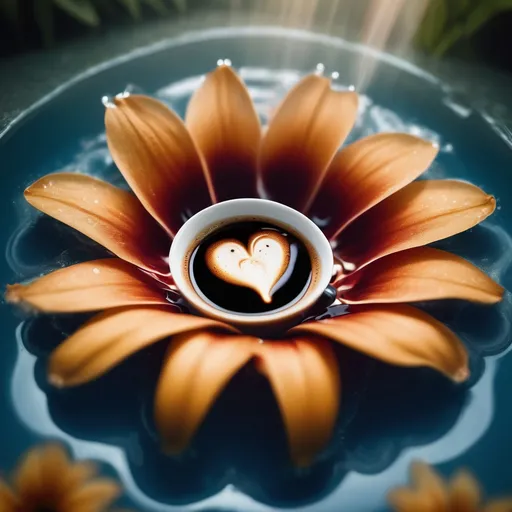 Prompt: Pool of hot coffee emerging from the center of a flower, dreamlike, high quality, ethereal atmosphere, dreamy lighting, steam rising, pool of hot coffee, surreal, digital art, dreamy, high quality, ethereal, steam, coffee disk florets, flower center, center of flower is a pool of coffee, disk florets are a pool of coffee