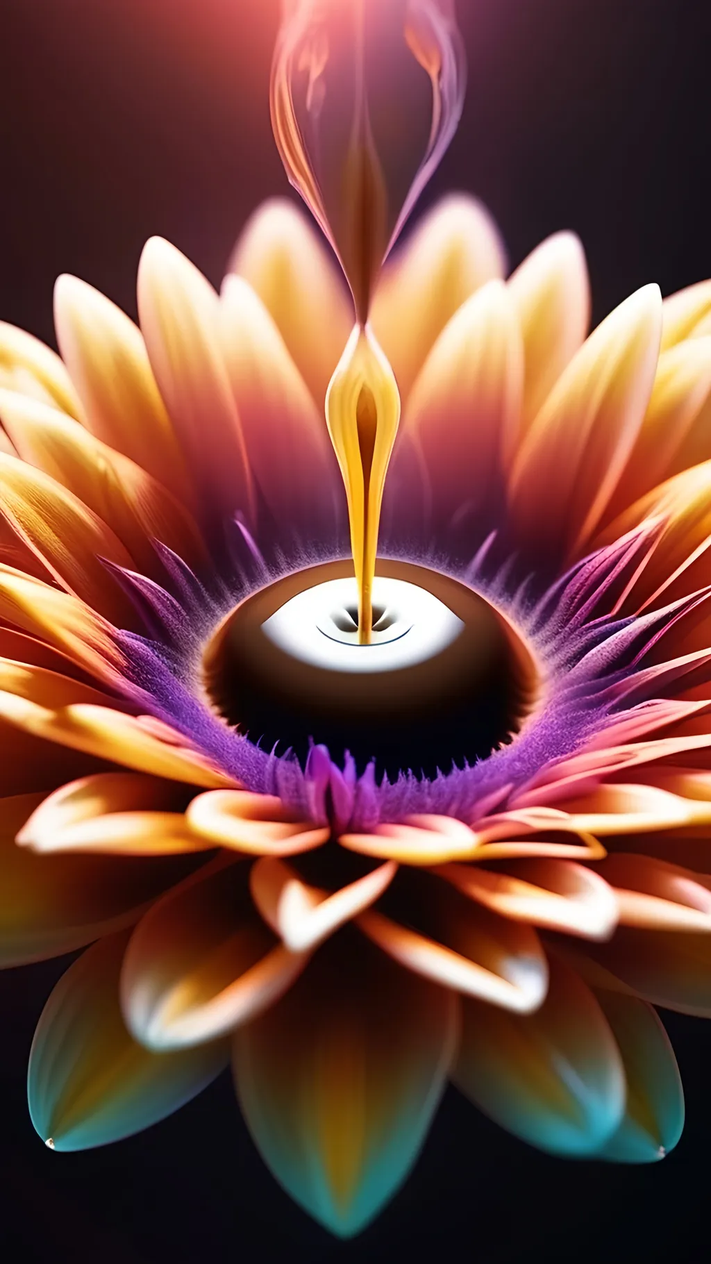 Prompt: Hot coffee disk florets emerging from the center of a flower, surreal digital art, high quality, dreamlike, steam rising from coffee disk florets, ethereal atmosphere, dreamy lighting, disk florets are a pool of hot coffee