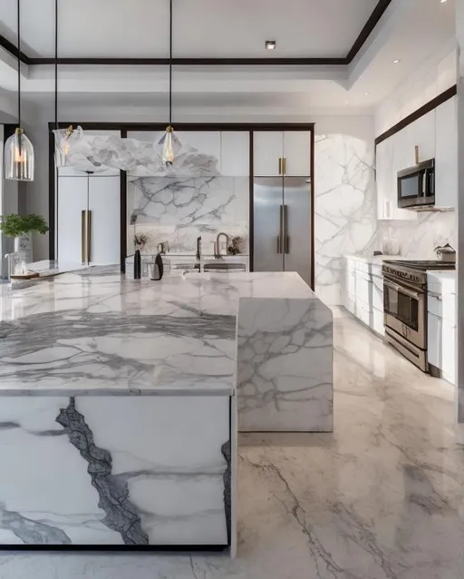 Prompt: Luxurious, modern, spacious kitchen with marble countertops, high-end appliances, natural lighting, elegant pendant lights, professional photography, high resolution, interior design, luxury, contemporary, bright, spacious, marble, high-end appliances, natural light, elegant lighting