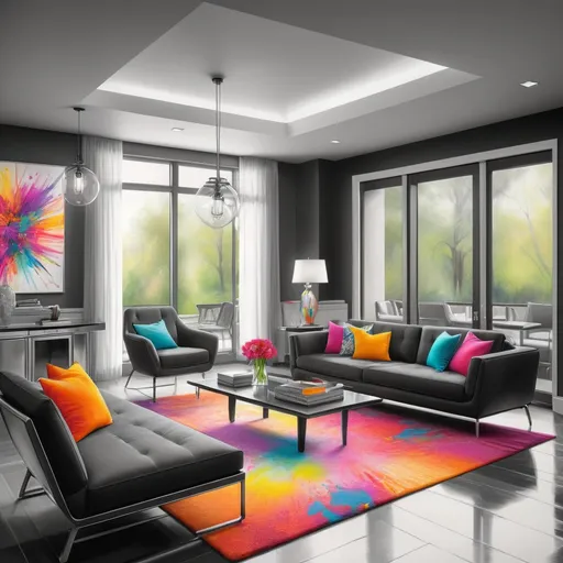 Prompt: Hyperrealistic pencil sketch of modern interior design elements, radiant color splashes, high-quality, black and white, detailed shading, professional artistry, modern furniture, sleek lines, luxury vibe, pop of vibrant colors, artistic lighting, hyperrealism, interior design, pencil sketch, monochrome, luxury, professional, radiant color splashes, detailed shading