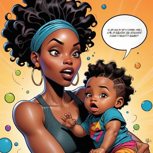 Prompt: Comic book page of a dynamic black woman and her 9 month old son, vibrant and detailed characters, dynamic action lines, high-detail, colorful and bold, inked outlines, professional, best quality, dynamic speech bubbles, vibrant colors, bold shading