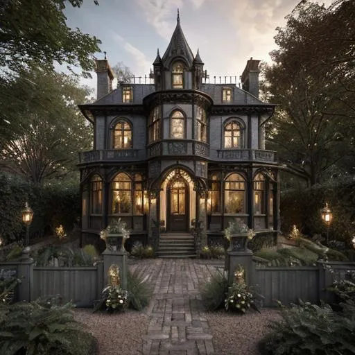 Prompt: Golden snitch-themed victorian house in the style of photorealistic, detailed vintage architecture, magical garden setting, nestled among trees, warm and cozy lighting, high quality, detailed, harry Potter, magical, vintage, whimsical, forest detailed architecture, cozy atmosphere