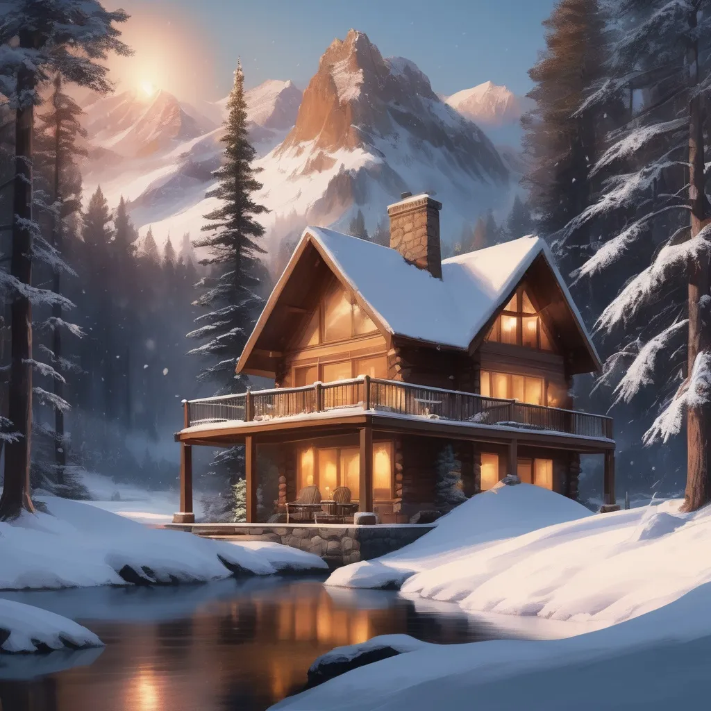 Prompt: Snowy landscape with majestic mountains, large cozy cabin, snow-covered pine trees, river, warm fireplace glow, high quality, realistic, digital painting, soft lighting, detailed snow textures, serene atmosphere, peaceful, winter wonder, majestic peaks, modern design, water feature, mountains, cabin, snowy pine trees, river, cozy, fireplace, realistic, digital painting, serene, winter wonder, high quality, soft lighting, detailed textures, peaceful, modern design, water feature