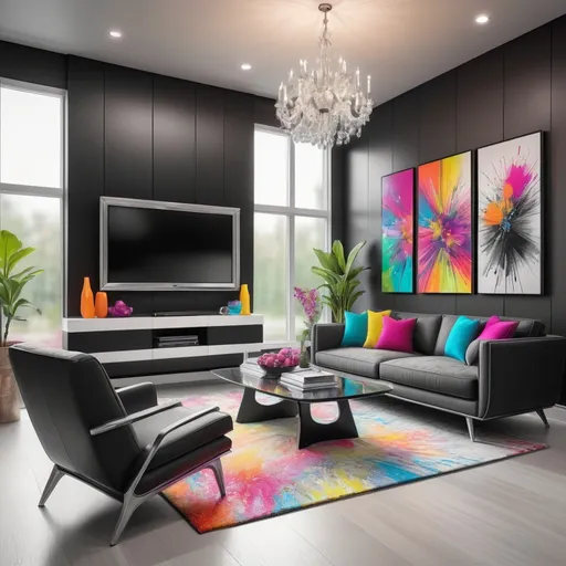 Prompt: Hyperrealistic pencil sketch of modern interior design elements, radiant color splashes, high-quality, black and white, detailed shading, professional artistry, modern furniture, sleek lines, luxury vibe, pop of vibrant colors, artistic lighting, hyperrealism, interior design, pencil sketch, monochrome, luxury, professional, radiant color splashes, detailed shading