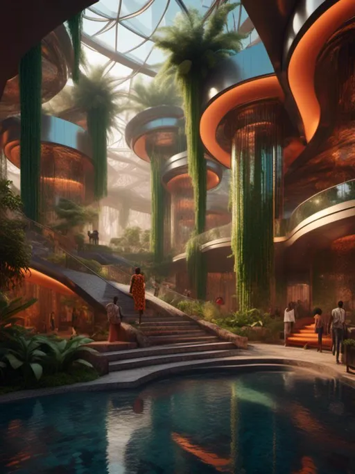 Prompt: <mymodel>Afro-futurism hotel lobby with biophilic waterfall, rich African cultural symbolism, vibrant colors, high-tech, ultra-detailed, highres, digital art, futuristic, cultural symbolism, atmospheric lighting, biophilic waterfall, vibrant colors, professional, African symbolism, high-tech, vibrant atmosphere, lush greenery, intricate cultural details, futuristic architecture