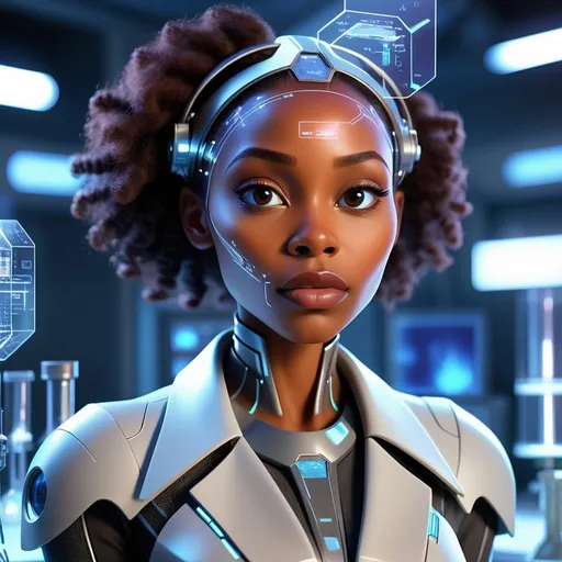 Prompt: African American woman conducting a futuristic experiment, high-tech laboratory environment, holographic projections, advanced technology, detailed facial features, modern metallic lab equipment, professional attire, futuristic lighting, best quality, highres, ultra-detailed, futuristic, high-tech, holographic, advanced technology, detailed facial features, modern, professional, futuristic lighting