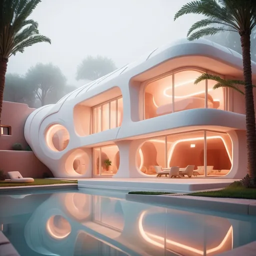 Prompt: Cinematic photo, highly detailed, Futuristic, 3D printed, clay, geometric, glossy white, architectural Villa, with artificial lighting, terra-cotta, prairie landscaping, illuminated swimming pool, daylight, exotic, foggy