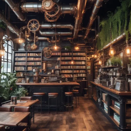 Prompt: Steampunk coffee shop with books, cheerful atmosphere, scattered greenery, high quality, steampunk, detailed, books, circuitry, atmospheric lighting, filled with circuitry, intricate metal details, industrial, detailed machinery, cheerful environment, scattered greenery