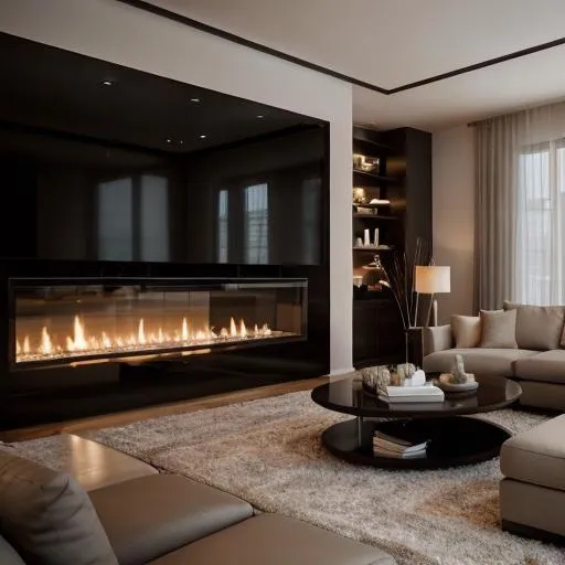 Prompt: Modern sophisticated living room with warm tones, fireplace, line drawing, high quality, detailed rendering, cozy ambiance, minimalistic design, warm lighting, professional, elegant, clean lines, realistic details, interior design, fireplace focal point, contemporary, stylish, luxury feel, highres, detailed line drawing, warm tones, cozy ambiance