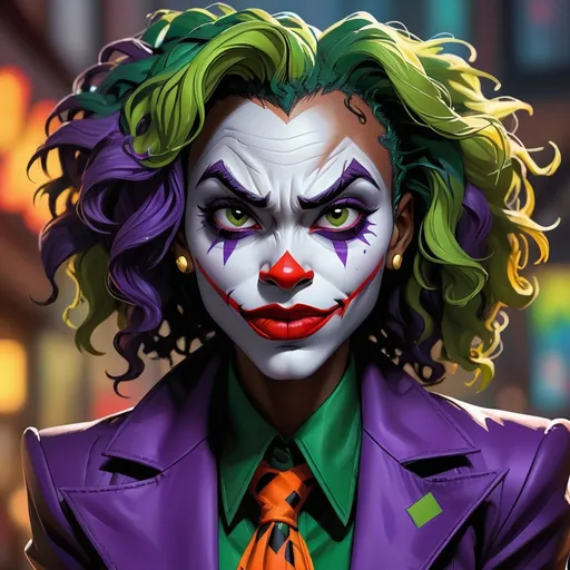 Prompt: Detailed black female joker, vibrant and bold colors, expressive facial features, high-quality digital painting, comic book style, bold and contrasting colors, dramatic lighting, detailed costume with modern twist, professional art style, intense expression, theatrical makeup, vibrant, bold, high-contrast, digital painting, comic book, dramatic lighting, detailed costume, intense expression, professional, modern twist